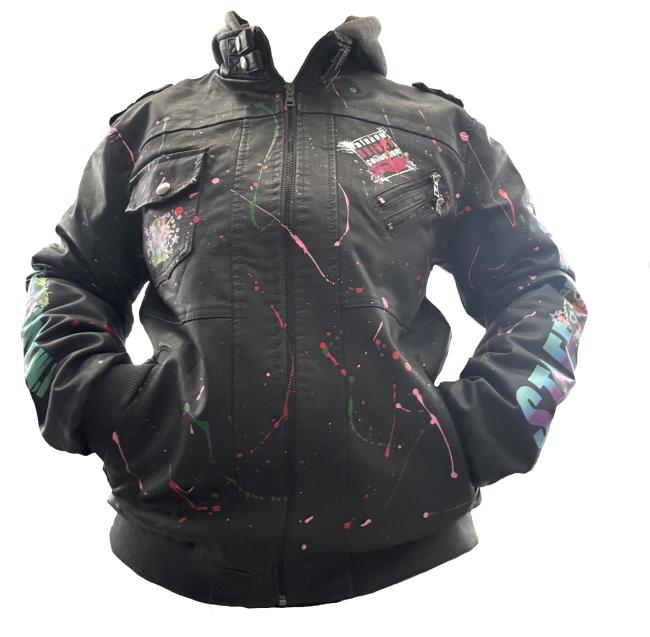 Lederjacke mit Lieblingsmotiv von RBC -Kunstlederjacke, Größe S-3XL, Unikat, Bunt, mit Kaputze, Hundemotiv, bedruckte Ärmel