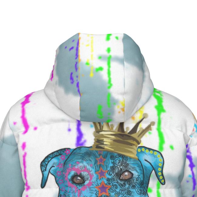 Warme Wintermantel mit Hundemotiv Alec – Popart Hundemotiv, 90% Daunen, 10% Federn, bunt, stylisch, Schäferhund, Rottweiler, Mix, SOKA, Listenhund, Größe XS- 4XL