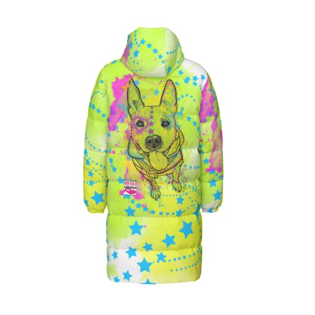 Warme Wintermantel mit Hundemotiv Amy3– Popart Hundemotiv, 90% Daunen, 10% Federn, bunt, stylisch, AmStaff, Staff, Staffordshire, Pitbull, Pit, Soka, Größe XS- 4XL