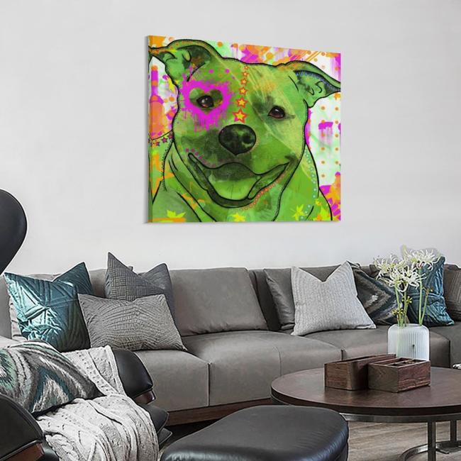 Preview: Bild "Angel" Preview: Das Bild von Angel hängt im Wohnzimmer an der Wand. Dvor steht ein großes, graues Sofa mit vielen grauen und türkisfarbenen Kissen. Im Vordergrund steht ein runder Couchtisch