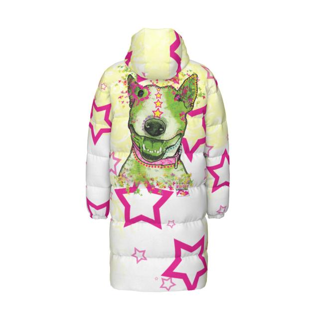 Warme Wintermantel mit Hundemotiv Bärbel– Popart Hundemotiv, 90% Daunen, 10% Federn, bunt, stylisch, Mini, Bullterrier, Bulli, Soka, Größe XS- 4XL