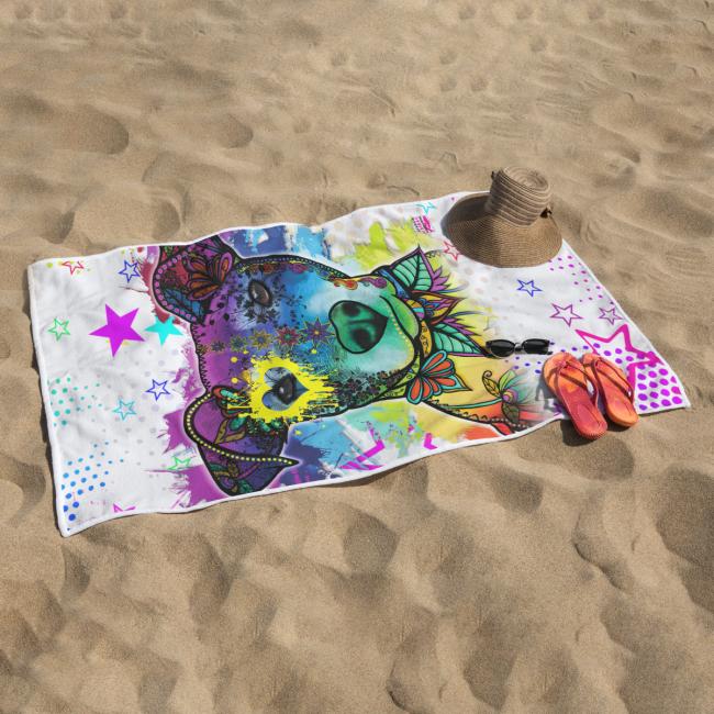 Preview: Badehandtuch Chiquito – Popart-Hundemotiv, 75x165 cm, 100 % Polyester, weich & schnelltrocknend