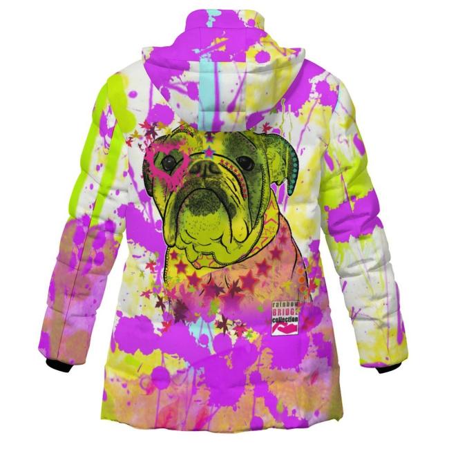 Warme Winterjacke mit Hundemotiv Cindy – Popart Hundemotiv, 96% Polyester, 4% Spandex Unisex CD, bunt, Größe S-6XL, Mischling, Mix, Englische Bulldogge, Bully
