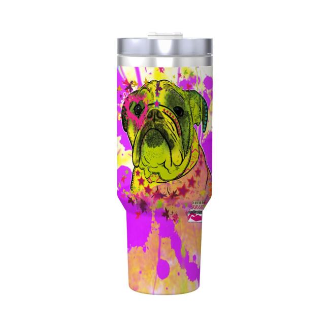 Preview: Tumbler mit Hundemotiv Cindy - Edelstahl, Becher, 1L, mit Strohhalm, bunt, Motive in Digitaler Popart, Englische Bulldogge, Bully