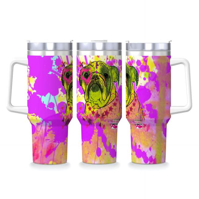 Tumbler mit Hundemotiv Cindy - Edelstahl, Becher, 1L, mit Strohhalm, bunt, Motive in Digitaler Popart, Englische Bulldogge, Bully