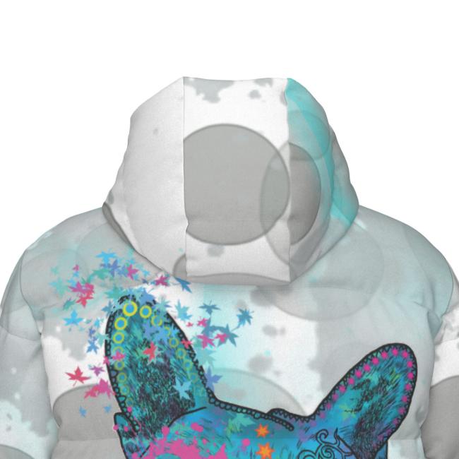Warme Wintermantel mit Hundemotiv Elli – Popart Hundemotiv, 90% Daunen, 10% Federn, bunt, stylisch, Französische Bulldogge, Frenchi, Bulldog