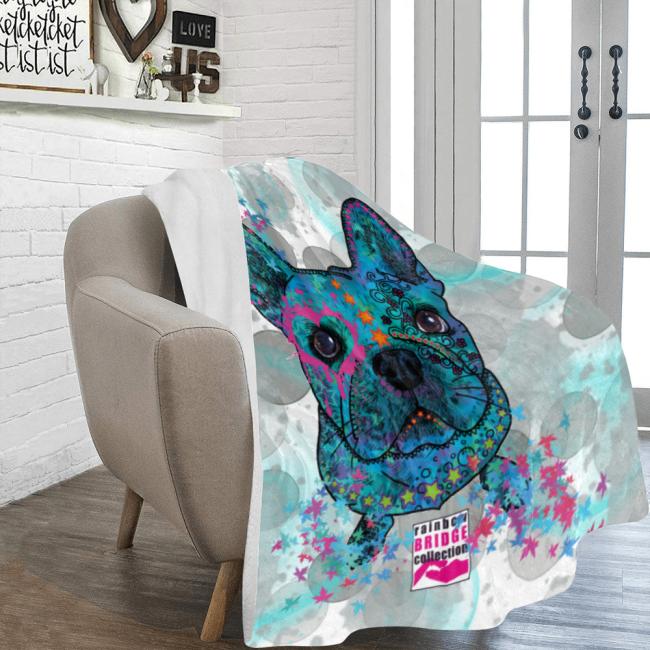 Preview: Decke Elli -  Fleecedecke, kuschlig, weich, bunt, Motive in Digitaler Popart, Französische Bulldogge, French Bulldog, Frenchi, 152cm x 203cm, bunt