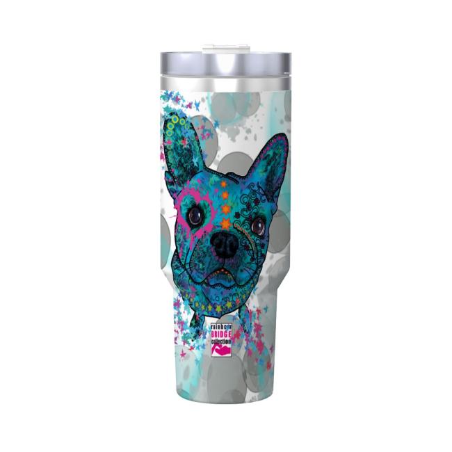 Preview: Tumbler mit Hundemotiv Elli - Edelstahl, Becher, 1L, mit Strohhalm, bunt, Motive in Digitaler Popart, Französische Bulldogge, Bully, Frenchi