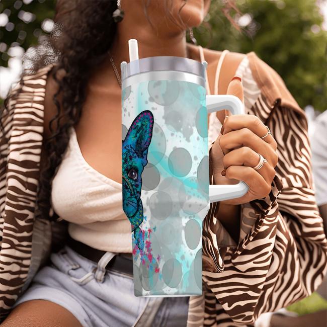 Preview: Tumbler mit Hundemotiv Elli - Edelstahl, Becher, 1L, mit Strohhalm, bunt, Motive in Digitaler Popart, Französische Bulldogge, Bully, Frenchi