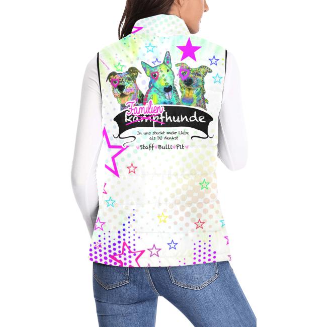 Preview: Weste mit Hundemotiv Familienhunde - 100 % Polyester, Wattiertes Futter, Ärmellos, bunt, Hundemotiv, AmStaff, Staff, Staffordshire, Pitbull, Pit, XXL Bully, Bullterrier, Bulli, SOKA, Listenhunde