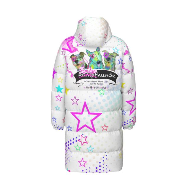 Warme Wintermantel mit Hundemotiv Familienhunde – Popart Hundemotiv, 90% Daunen, 10% Federn, bunt, stylisch, AmStaff, Staff, Staffordshire, Pitbull, Pit, Soka, XXL Bully, Größe XS- 4XL