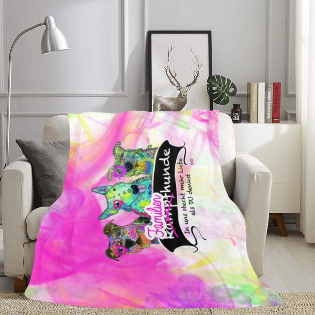 Preview: Decke Familienhunde -  Fleecedecke, kuschlig, weich, bunt, Motive in Digitaler Popart, 152cm x 203cm, bunt, Staff, Amstaff, Staffordshire, Soka, Listenhund, Bollerkopf, Mix , Pitbull, Pit, Bullterrier, Bulli