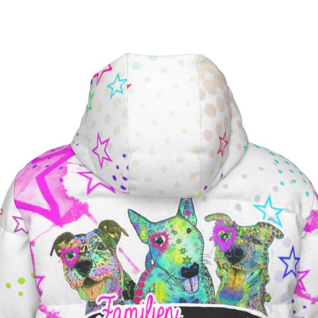 Warme Wintermantel mit Hundemotiv Familienhunde – Popart Hundemotiv, 90% Daunen, 10% Federn, bunt, stylisch, AmStaff, Staff, Staffordshire, Pitbull, Pit, Soka, XXL Bully, Größe XS- 4XL