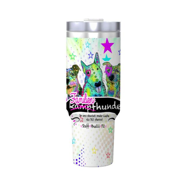 Preview: Tumbler mit Hundemotiv Familienhunde - Edelstahl, Becher, 1L, mit Strohhalm, bunt, Motive in Digitaler Popart, AmStaff, Staffordshire, Bullterrier, Bulli, Pitbull, Pit, SOKA, Listenhund