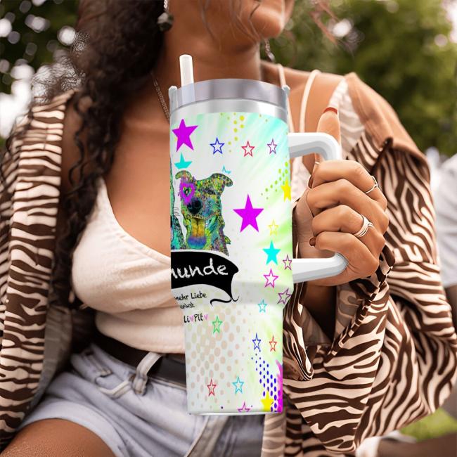 Preview: Tumbler mit Hundemotiv Familienhunde - Edelstahl, Becher, 1L, mit Strohhalm, bunt, Motive in Digitaler Popart, AmStaff, Staffordshire, Bullterrier, Bulli, Pitbull, Pit, SOKA, Listenhund