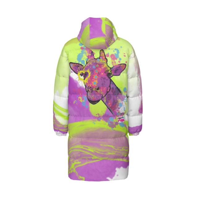 Warme Wintermantel mit Hundemotiv Giraffe– Popart Hundemotiv, 90% Daunen, 10% Federn, bunt, stylisch, Giraffe, Mammal, Steppengiraffe, Größe XS- 4XL