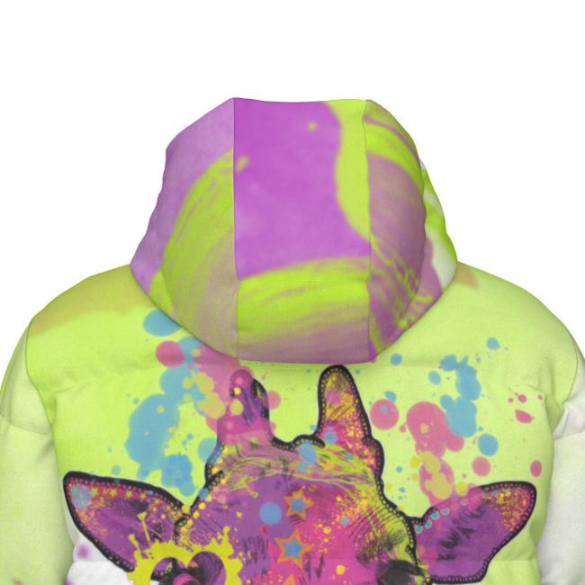 Warme Wintermantel mit Hundemotiv Giraffe– Popart Hundemotiv, 90% Daunen, 10% Federn, bunt, stylisch, Giraffe, Mammal, Steppengiraffe, Größe XS- 4XL