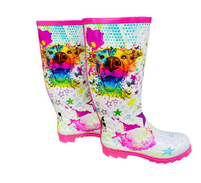 Gummistiefel Hazel mit Hundedesign – Popart Design, pinke Sohle, limitiert, Unisex – Größe 36–44