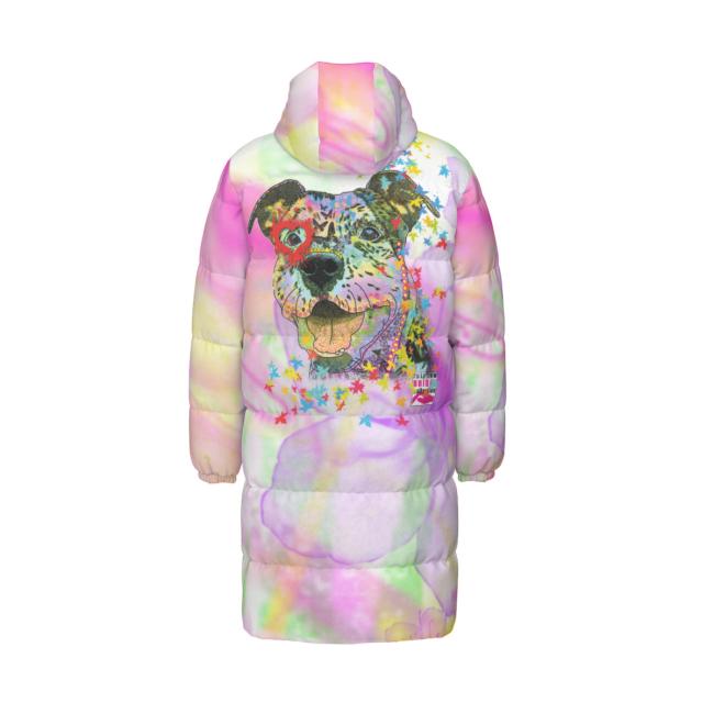 Warme Wintermantel mit Hundemotiv Hexe – Popart Hundemotiv, 90% Daunen, 10% Federn, bunt, stylisch, AmStaff, Staff, Staffordshire, Pitbull, Pit, Soka, Größe XS- 4XL