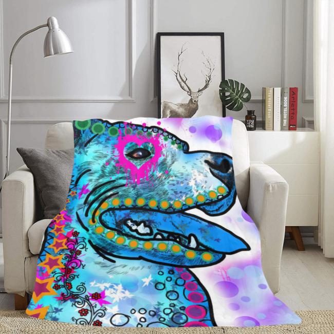 Preview: Decke JayJay -  Fleecedecke, kuschlig, weich, bunt, Motive in Digitaler Popart, 152cm x 203cm, bunt, Staff, Amstaff, Staffordshire, Soka, Listenhund, Bollerkopf, Mix