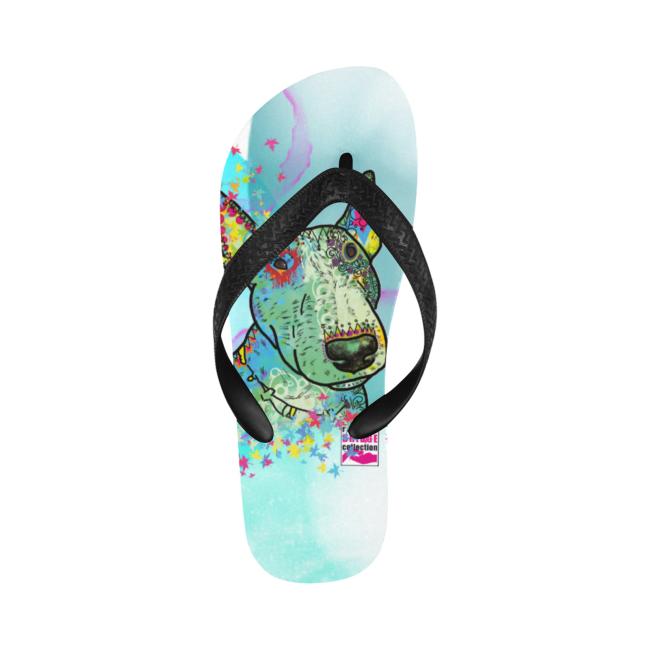 Preview: Flip Flops Hundemotiv Kalli - Strandsandalen, Sandalen, bunt, Grösse 38-45, Unisex, Mischling, Mix, Bullterrier, Bulli, SOKA, Listenhund