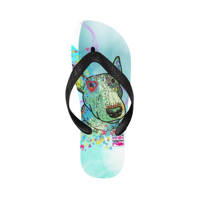 Preview: Flip Flops Hundemotiv Kalli - Strandsandalen, Sandalen, bunt, Grösse 38-45, Unisex, Mischling, Mix, Bullterrier, Bulli, SOKA, Listenhund