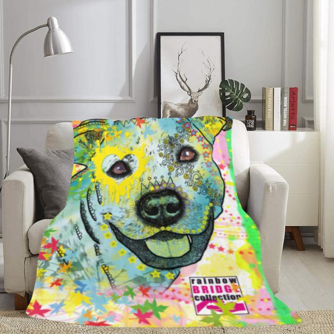 Preview: Decke Kiki -  Fleecedecke, kuschlig, weich, bunt, Motive in Digitaler Popart, 152cm x 203cm, bunt, Staff, Amstaff, Staffordshire, Soka, Listenhund, Bollerkopf, Mix