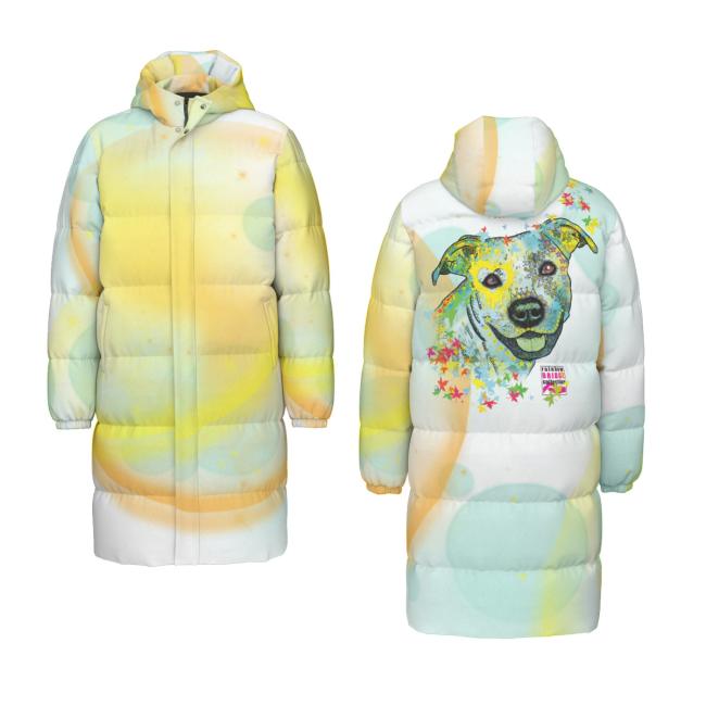 Warme Wintermantel mit Hundemotiv Kiki – Popart Hundemotiv, 90% Daunen, 10% Federn, bunt, stylisch, AmStaff, Staff, Staffordshire, Pitbull, Pit, Soka, Größe XS- 4XL