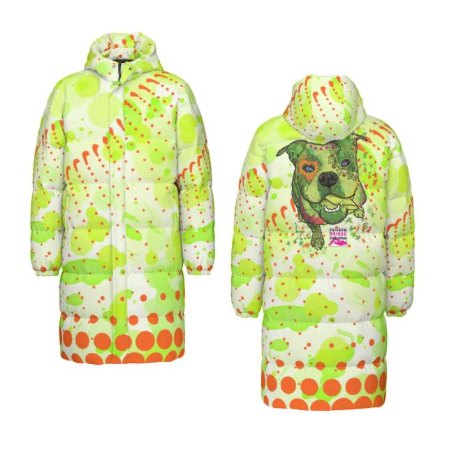 Warme Wintermantel mit Hundemotiv Lani – Popart Hundemotiv, 90% Daunen, 10% Federn, bunt, stylisch, Englische Bulldogge, Bully, Bulldog