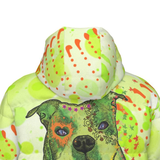 Warme Wintermantel mit Hundemotiv Lani – Popart Hundemotiv, 90% Daunen, 10% Federn, bunt, stylisch, Englische Bulldogge, Bully, Bulldog
