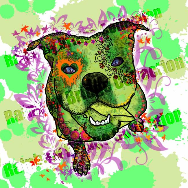 Hundemotiv Lani - Bild auf Leinwand, Kunstdruck, Popart, Bunt, Hundemotiv, Englische Bulldogge, English Bulldog, Bully, Grün, Orange, 40cm, 60cm, 100cm