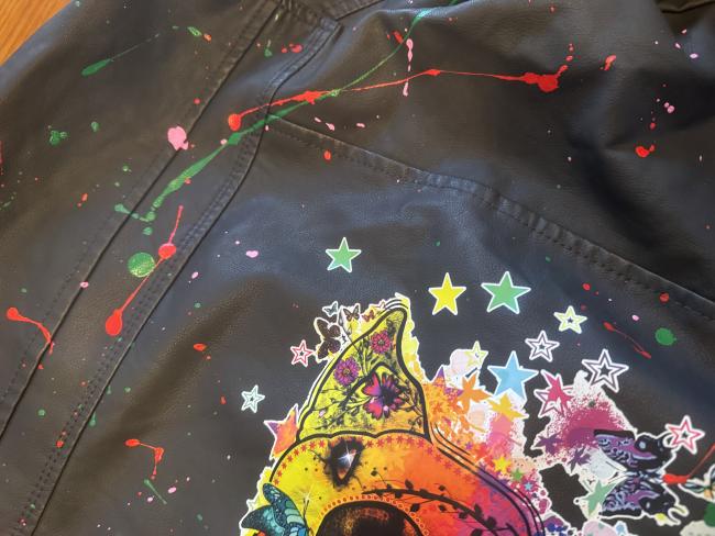 Lederjacke mit Lieblingsmotiv von RBC -Kunstlederjacke, Größe S-3XL, Unikat, Bunt, mit Kaputze, Hundemotiv, bedruckte Ärmel