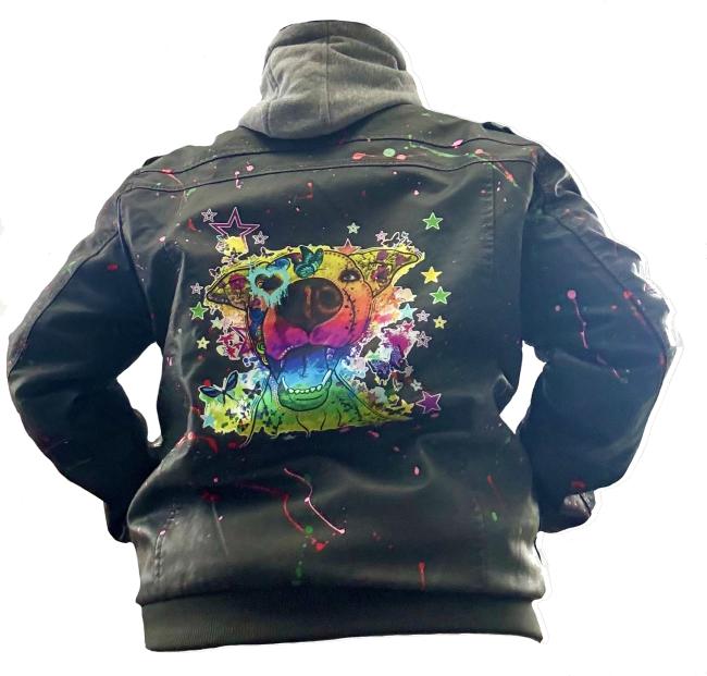 Preview: Lederjacke mit Lieblingsmotiv von RBC -Kunstlederjacke, Größe S-3XL, Unikat, Bunt, mit Kaputze, Hundemotiv, bedruckte Ärmel