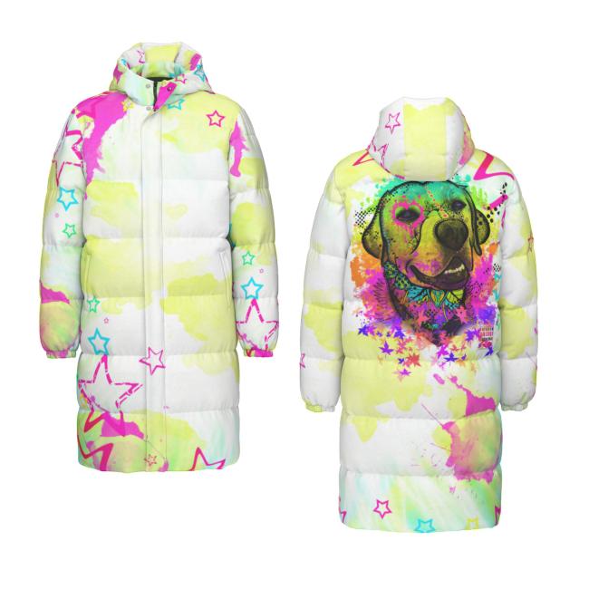 Warme Wintermantel mit Hundemotiv Leo– Popart Hundemotiv, 90% Daunen, 10% Federn, bunt, stylisch, Labrador, Labi, Größe XS- 4XL