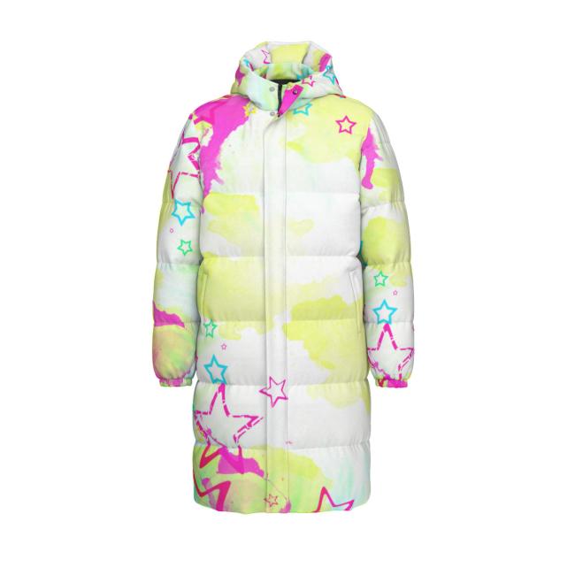 Preview: Warme Wintermantel mit Hundemotiv Leo– Popart Hundemotiv, 90% Daunen, 10% Federn, bunt, stylisch, Labrador, Labi, Größe XS- 4XL