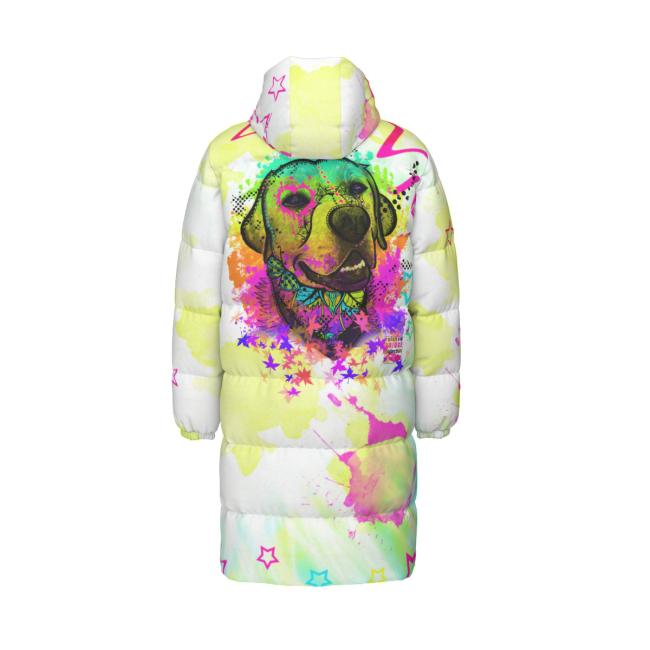 Warme Wintermantel mit Hundemotiv Leo– Popart Hundemotiv, 90% Daunen, 10% Federn, bunt, stylisch, Labrador, Labi, Größe XS- 4XL