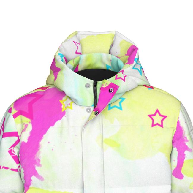 Warme Wintermantel mit Hundemotiv Leo– Popart Hundemotiv, 90% Daunen, 10% Federn, bunt, stylisch, Labrador, Labi, Größe XS- 4XL