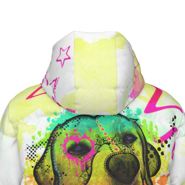 Warme Wintermantel mit Hundemotiv Leo– Popart Hundemotiv, 90% Daunen, 10% Federn, bunt, stylisch, Labrador, Labi, Größe XS- 4XL