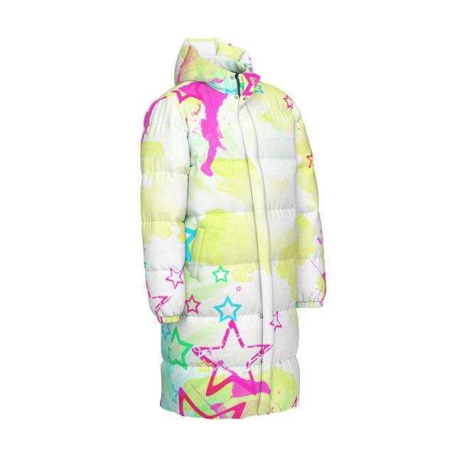 Preview: Warme Wintermantel mit Hundemotiv Luna – Popart Hundemotiv, 90% Daunen, 10% Federn, bunt, stylisch, Mischling, Mix, Größe XS- 4XL