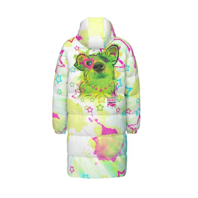 Warme Wintermantel mit Hundemotiv Luna – Popart Hundemotiv, 90% Daunen, 10% Federn, bunt, stylisch, Mischling, Mix, Größe XS- 4XL