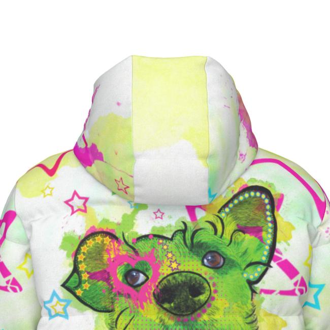 Warme Wintermantel mit Hundemotiv Luna – Popart Hundemotiv, 90% Daunen, 10% Federn, bunt, stylisch, Mischling, Mix, Größe XS- 4XL