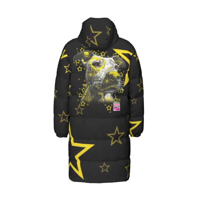 Warme Wintermantel mit Hundemotiv Motte1– Popart Hundemotiv, 90% Daunen, 10% Federn, bunt, stylisch, AmStaff, Staff, Staffordshire, Pitbull, Pit, Soka, Größe XS- 4XL