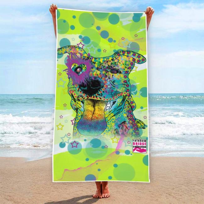 Strandtuch, Badetuch, Saunatuch mit buntem Hundemotiv in digitaler Popart mit Hunde Motiv Motte2