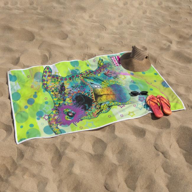 Strandtuch, Badetuch, Saunatuch mit buntem Hundemotiv in digitaler Popart mit Hunde Motiv Motte2