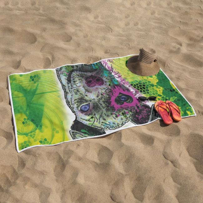 Strandtuch, Badetuch, Saunatuch mit buntem Hundemotiv in digitaler Popart mit Hunde Motiv Motte4