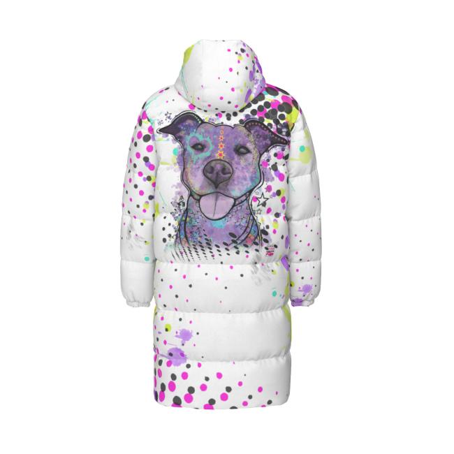 Warme Wintermantel mit Hundemotiv Mäusi – Popart Hundemotiv, 90% Daunen, 10% Federn, bunt, stylisch, AmStaff, Staff, Staffordshire, Pitbull, Pit, Soka, Größe XS- 4XL