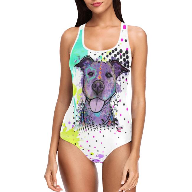 Preview: Badeanzug Hundemotiv Mäusi - 85% Polyester, 15% Spandex, Wasserecht, mit Innenfutter, bunt, AmStaff, Staff, Staffordshire, SOKA, Listenhund