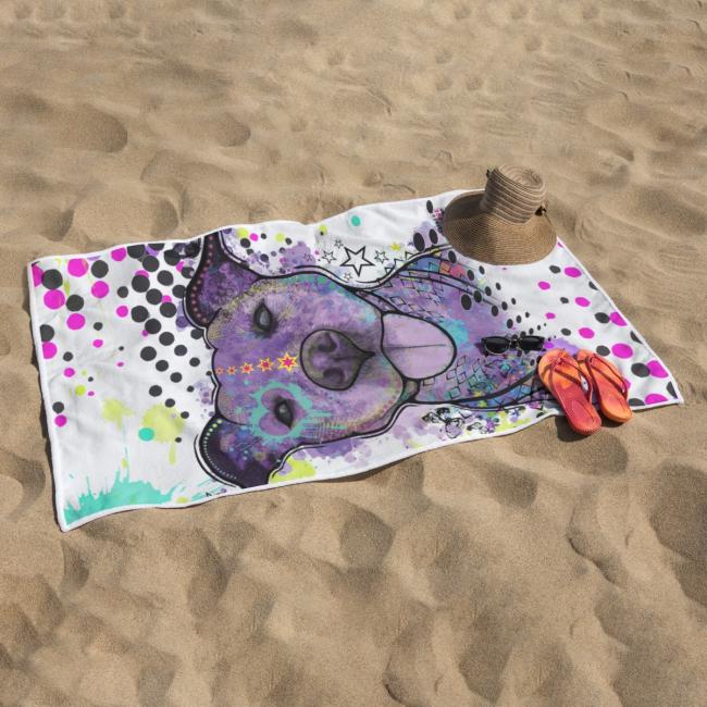 Strandtuch, Badetuch, Saunatuch mit buntem Hundemotiv in digitaler Popart mit Hunde Motiv Mäusi