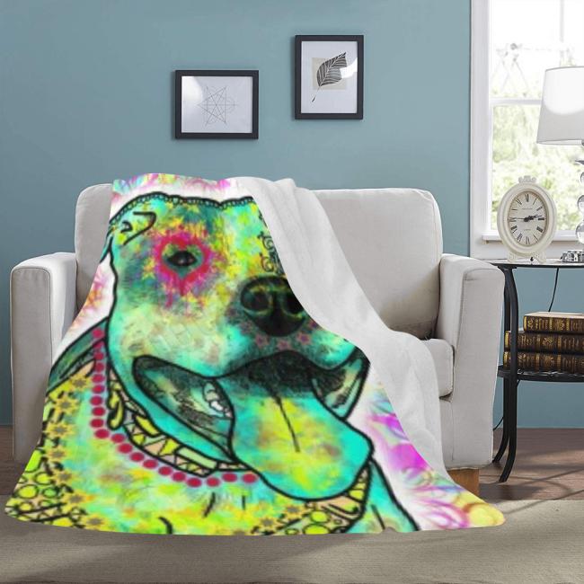 Preview: Decke Pablo-  Fleecedecke, kuschlig, weich, bunt, Motive in Digitaler Popart, 152cm x 203cm, bunt, Staff, Amstaff, Staffordshire, Soka, Listenhund, Bollerkopf, Mix