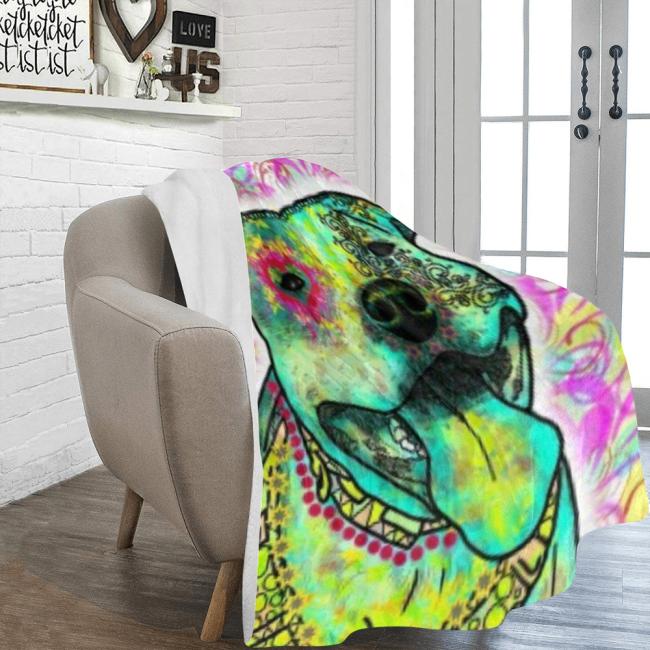 Preview: Decke Pablo-  Fleecedecke, kuschlig, weich, bunt, Motive in Digitaler Popart, 152cm x 203cm, bunt, Staff, Amstaff, Staffordshire, Soka, Listenhund, Bollerkopf, Mix